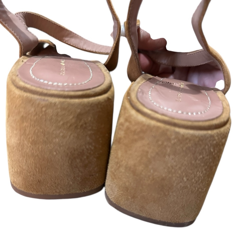 Zara Pom Pom Suede Sandals Tan with Black and Tan Raffia Pom Pom Design Size 7.5 - Picture 4 of 7